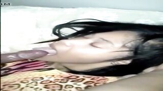 Amateur woman gives oral sex and strokes a big black cock, swallowing cum